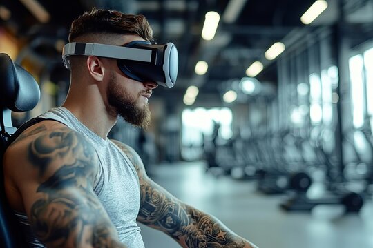 A man wearing a virtual reality headset in gym - Powered by Adobe