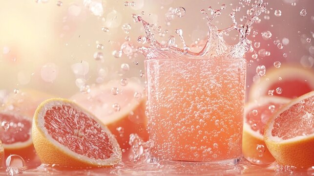 A glass of pink juice with a splash of water and a slice of grapefruit