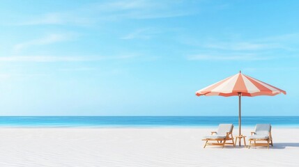Fototapeta premium Peaceful and serene beach scene with a colorful umbrella and lounge chairs set against a bright blue sky and calm ocean horizon