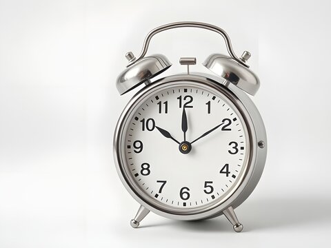 Silver Alarm Clock Showing 1000 AM/PM on White Background. Time, Punctuality, Wake Up.