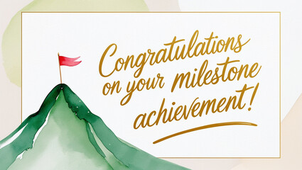 Achievement Congratulations card with a watercolor mountain and red flag on the left, against a golden cursive handwritten script Congratulations on your milestone achievement on creamy background