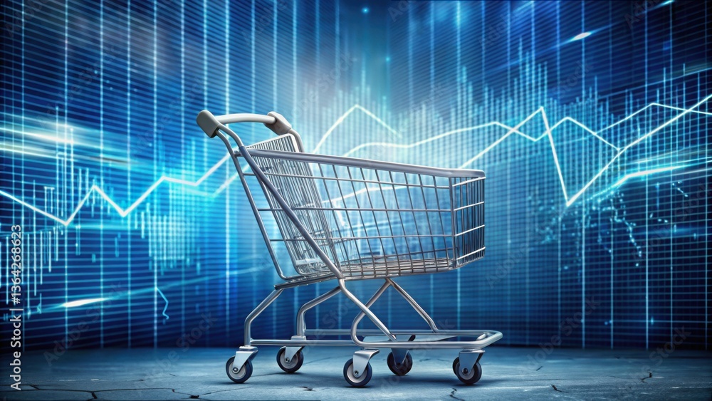 Poster digital shopping cart on stock market background with graphs