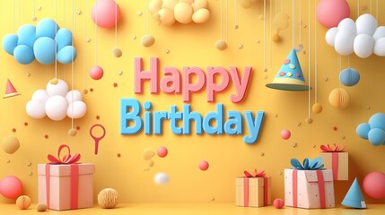 A cheerful, pastel-colored birthday celebration scene featuring a "Happy Birthday" message, gift boxes, balloons, and party hats suspended against a sunny yellow background.
