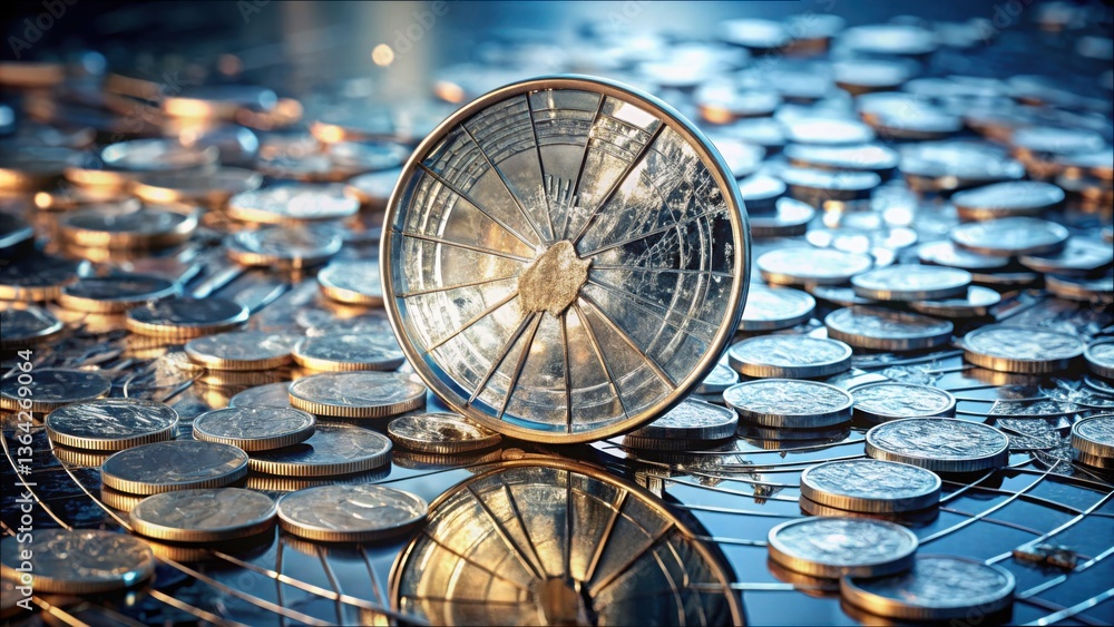 Aufkleber shattered coin on reflective surface with surrounding coins