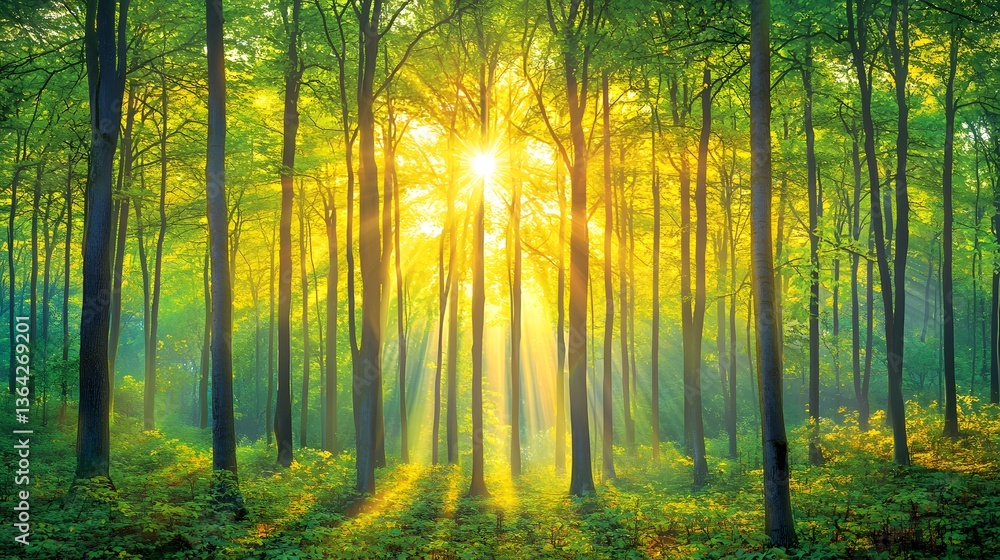 Poster enchanting forest scene with sunlight streaming through the trees creating a magical atmosphere in n