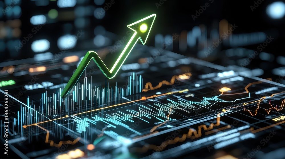 Poster futuristic digital market chart and graph with upward trend arrow on neon geometric background visua