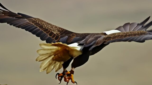 Bald eagle soaring through the sky, its powerful wings spread wide, displaying an intricate pattern of feathers in bold colors. Suitable for marketing or business purposes