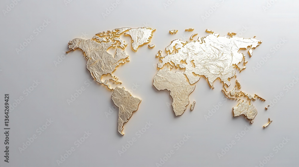 Poster elegant and premium looking 3d rendered golden world map with abstract textured surface and continen