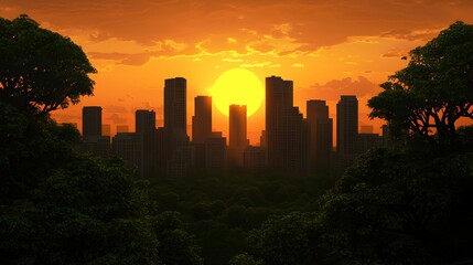 Serene Sunset Over Urban Skyline Surrounded by Lush Green Trees