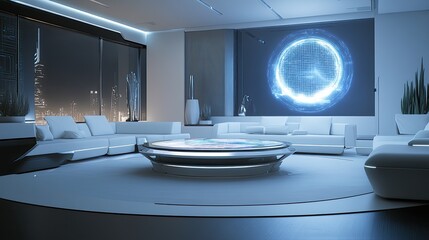 A futuristic family room with modular white furniture illuminated by LED accents