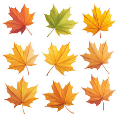 .Illustration of trees, leaves, grass and various botanical elements on a white background.