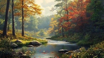 Fototapeta premium Autumn River with Forest Scene.