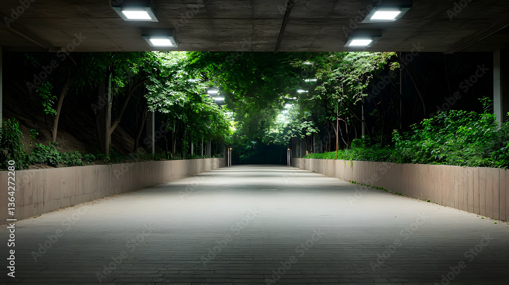 Aufkleber concrete tunnel pathway with trees and illuminated lights creating symmetry in dark urban environmen