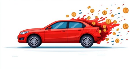 Naklejka premium Vibrant Red Sedan Speeding with Cookies Bursting from the Back in a Colorful and Playful Scene