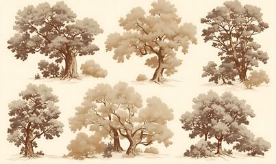Fototapeta premium .Illustration of trees, leaves, grass and various botanical elements on a white background.