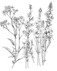 .Illustration of trees, leaves, grass and various botanical elements on a white background.