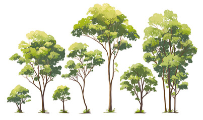 .Illustration of trees, leaves, grass and various botanical elements on a white background.