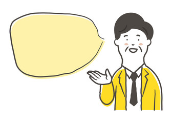 笑顔で案内をしているシニア男性会社員の上半身と吹き出しの鉛筆で描いた手書き風のシンプルなイラスト素材