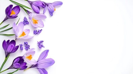  Spring botanical collection with hand-picked saffron crocus and violet flowers in flat lay composition, isolated on clean white studio backdrop. Detailed cutout elements with soft pastel tones for ed