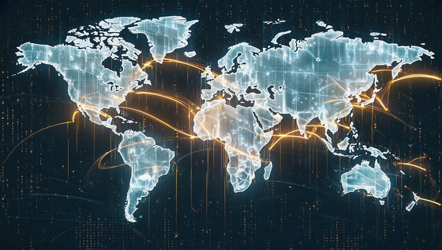 Global Network: An illuminating display of the world map, interconnected by a network of glowing lines, visualizing global connectivity and the digital realm.