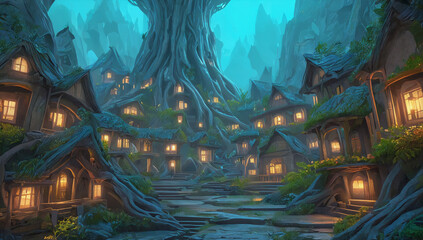 Obraz premium Enchanted Village: A captivating illustration of a quaint village nestled amongst towering trees, their roots intertwining with the charming dwellings below.