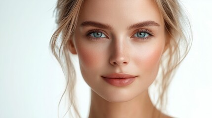 Fototapeta premium portrait close-up beautiful caucasian model blonde with blue eyes 20-25 years old, white studio background