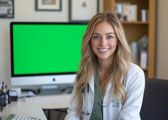 Smiling Blonde Doctor in Lab Coat Poses in Modern Office with Green Screen Monitor
