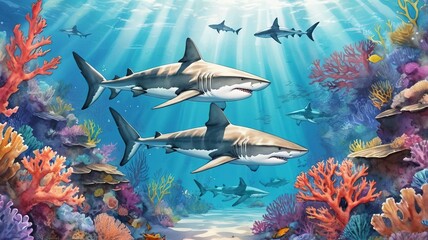 Peaceful Ocean Scene With Sharks