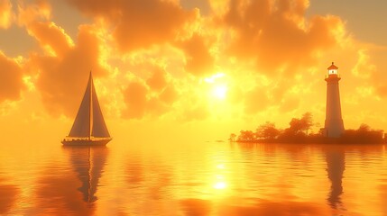 Naklejka premium Sailboat and Lighthouse at Golden Sunset Reflecting on Calm Water