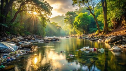 Obraz premium Serene River Scene at Dawn with Sunlight Filtering Through Lush Foliage and Gentle Current Flowing Over Smooth Stones, Showcasing Environmental Concerns