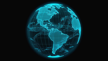 Digital Earth: A futuristic, illuminated depiction of the Earth rendered in glowing neon, showcasing the planet's continents and oceans against a dark background.