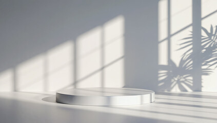 Shadows and Podium: a minimalist stage with a round pedestal casting with shadows, perfect to showcase products in a calm and serene light.