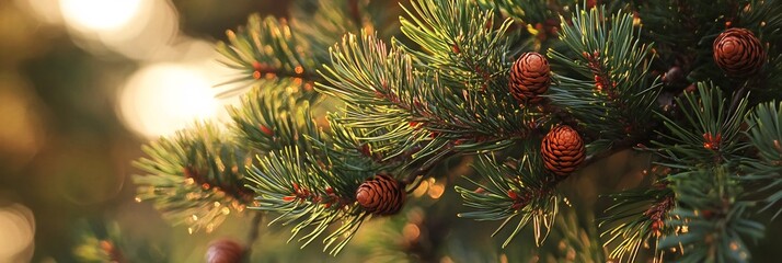  The needle-like leaves of a Scots pine gently reflecting the first light of day, with small pine cones peeking through. 