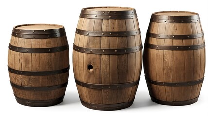 Rustic wooden oak barrels with antique textures, isolated on white background.  .  