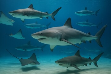 Dynamic Underwater Scene Featuring a School of Sharks and Rays in a Vibrant Ocean Habitat