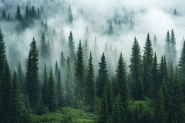 Misty Mountain Forest: An Aerial View of Lush Green Coniferous Trees
