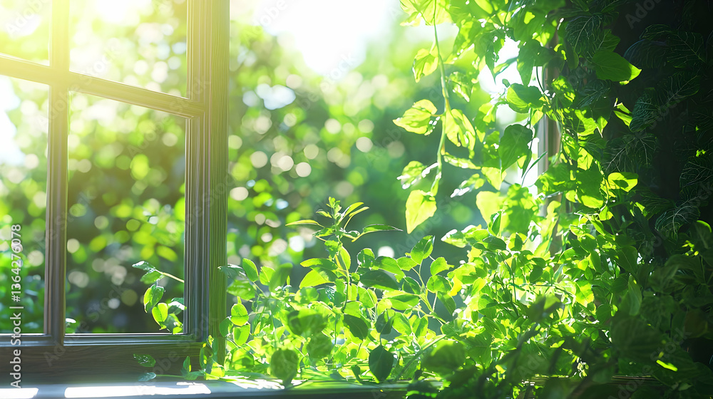 Poster bright green foliage and sunlight through window frame with bokeh effect