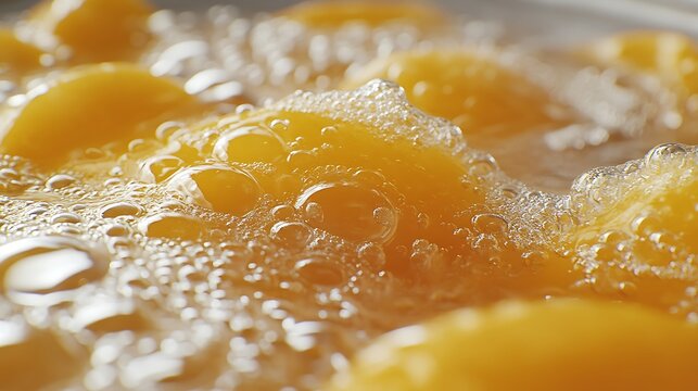 Close-up of simmering yellow fruit in water.
