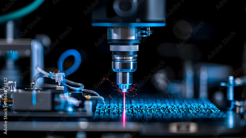 Poster automated laser machine processing blue circuit board with metal components and sparks in dark backg
