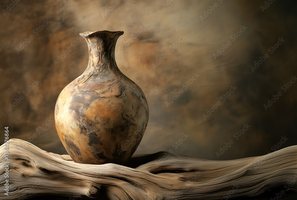 Poster creative minimal concept. rustic vase with weathered driftwood on natural sand stone clay shadow bac