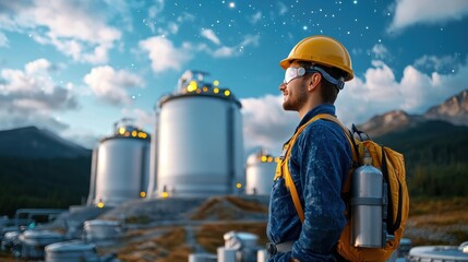 Industrial worker in safety gear inspecting oil and gas refinery storage tanks against the backdrop of a scenic mountain landscape with cloudy sky