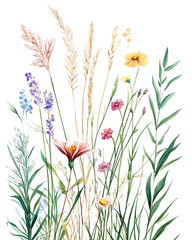 illustrations of various trees, leaves, grasses, and botanical elements on white background.