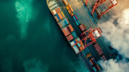 Aerial view Container ship unloading at harbor, foggy sunrise