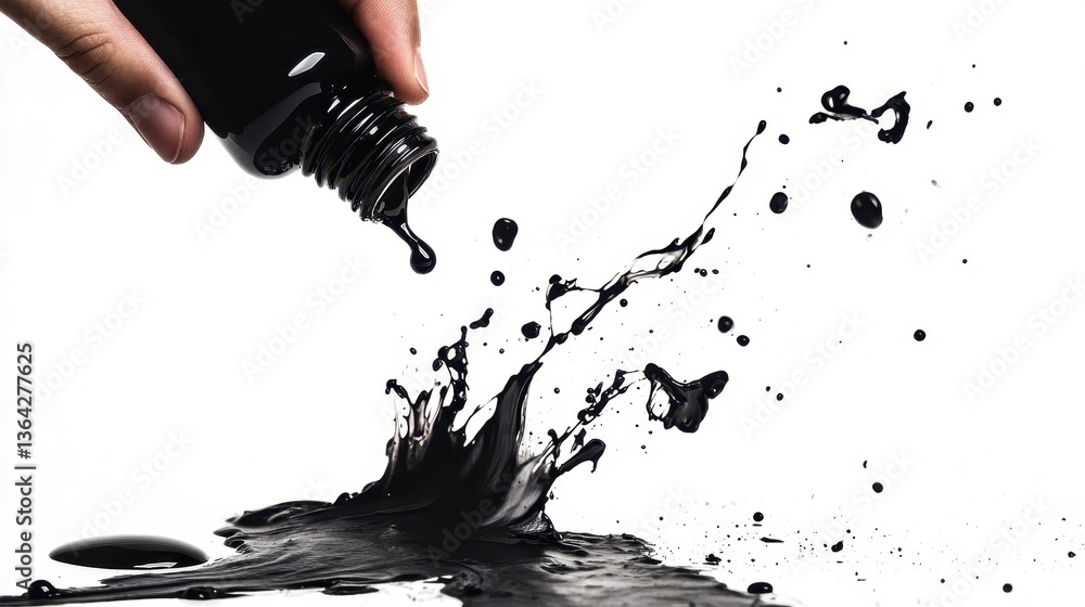 Poster hand pouring dark ink from a small container creating a splash