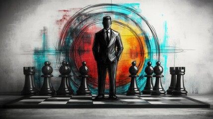 A silhouetted corporate executive standing amidst a vibrant abstract chessboard representing the strategic leadership and decision making required in the business world