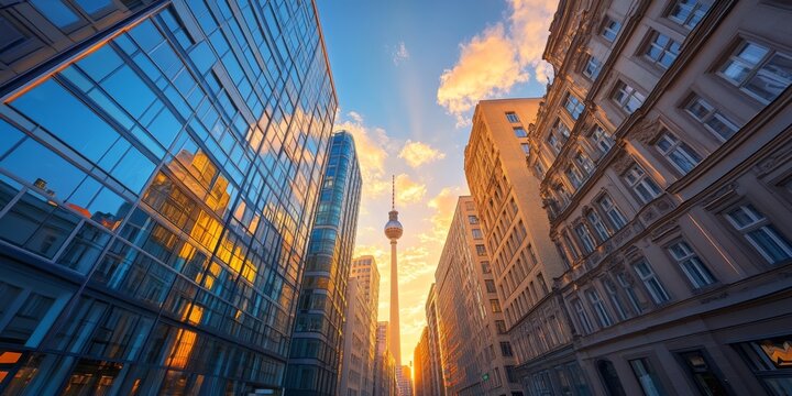 Berlin tv tower rising above modern and historic buildings at sunset
