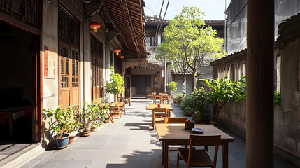 Naklejka premium Outdoor Restaurant Patio View Wooden Tables And Chairs With Chinese Style Building Architecture And Decorative Lanterns