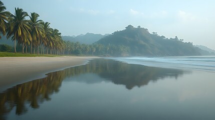 Misty beach sunrise, calm waters, palm trees