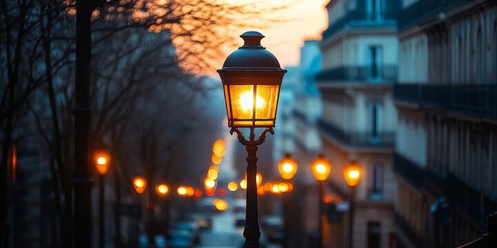 Parisian street lamp illuminating montmartre at dusk