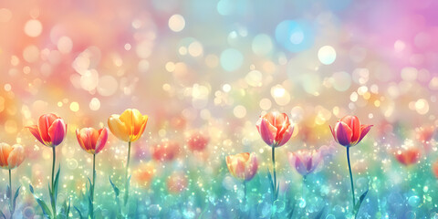 Obraz premium Glowing Tulip Field at Golden Sunrise with Sparkling Bokeh